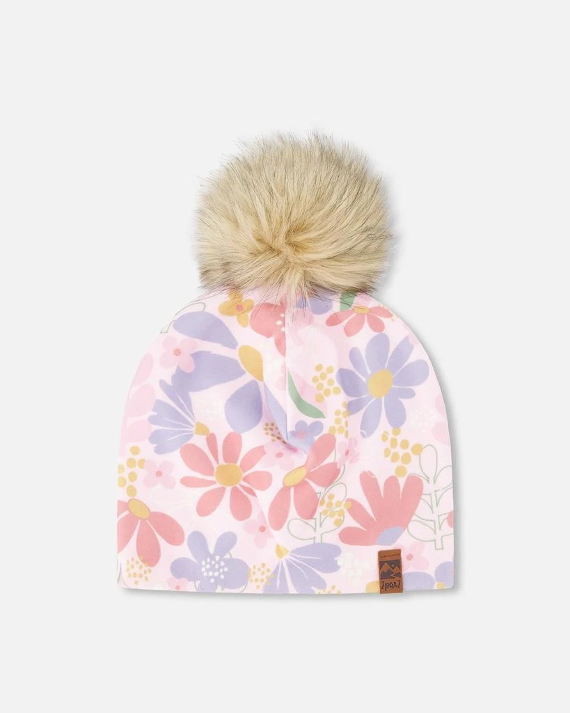 Deux par Deux Stretch Jersey Hat Pink Flower Print with Pompom