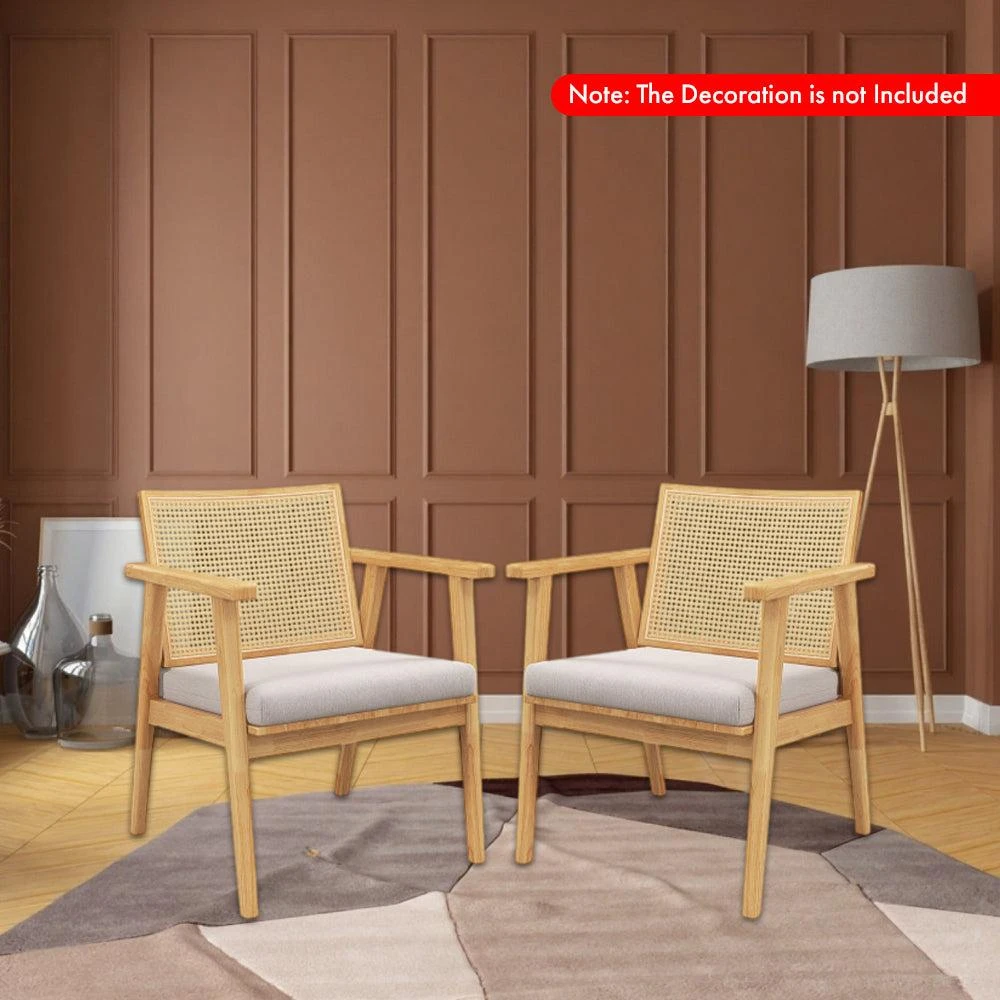 Hivvago Set of 2 Mid-Century Rattan Back Accent Chairs with Wooden Frame 2