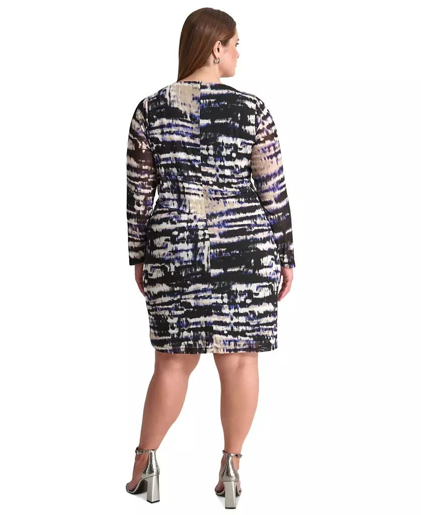 DKNY Plus Size Printed Side-Ruched Long-Sleeve Mesh Dress 2