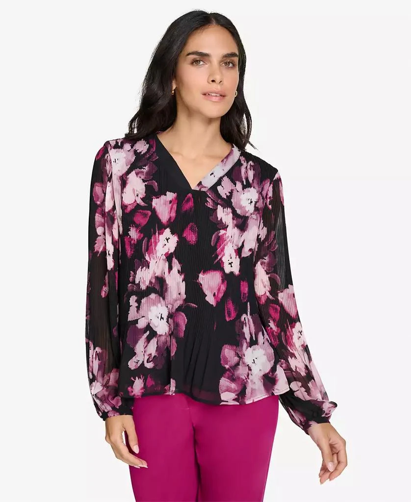 Calvin Klein Women's Petite V-Neck Long-Sleeve Blouse 1