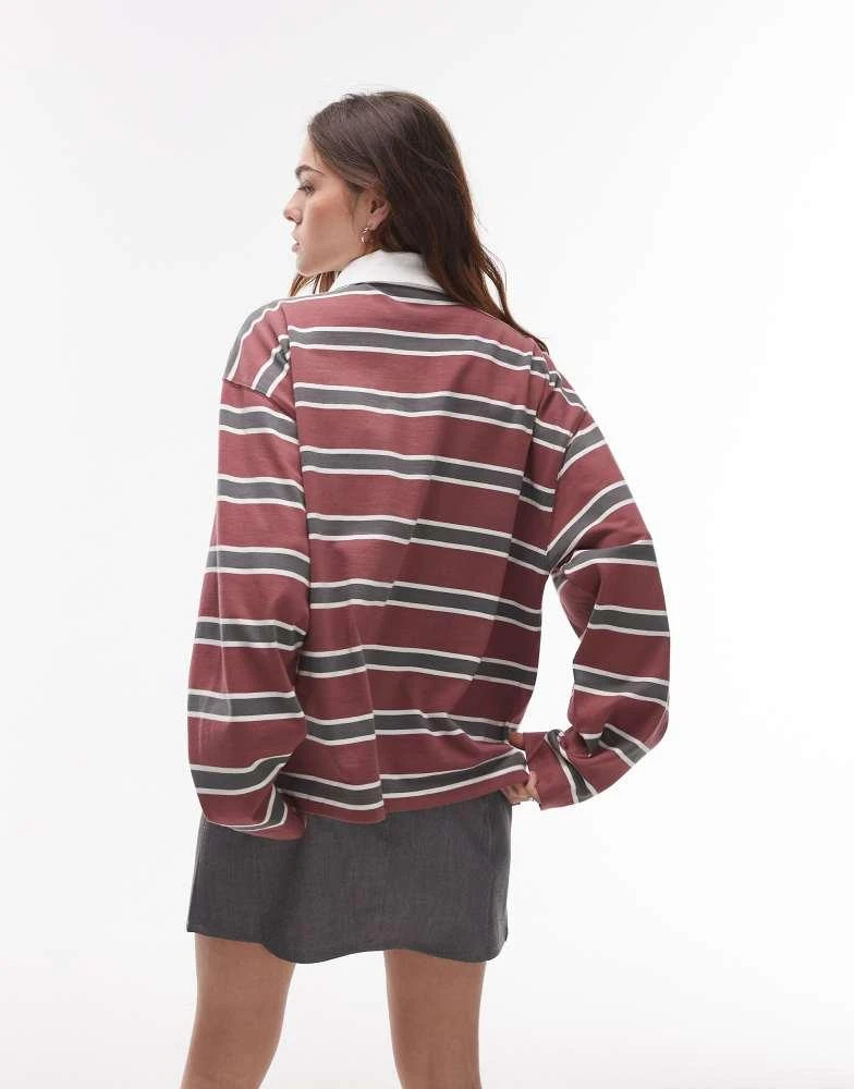 Topshop Topshop stripe long sleeve rugby polo top in burgundy 3
