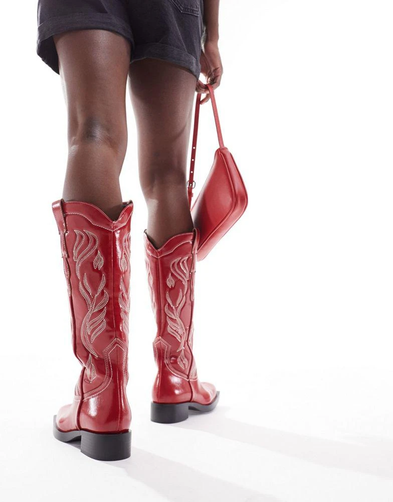 Stradivarius Stradivarius suede square toe western boot in red 2