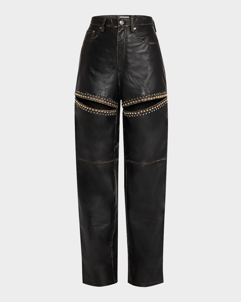 AREA Studded Slit Leather Straight-Leg Jeans