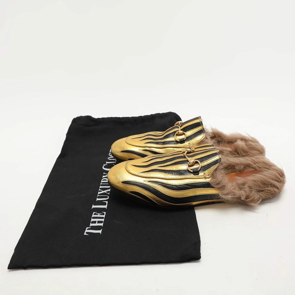 Gucci Gucci Gold/Black Leather Princetown Fur Lined Horsebit Mules Size 38 9