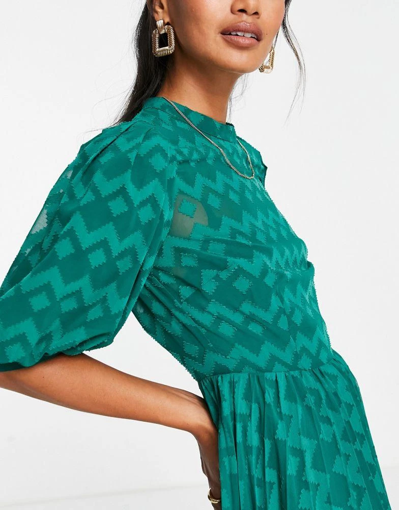 ASOS DESIGN ASOS DESIGN high neck pleated chevron dobby midi dress with puff sleeve in forest green 2