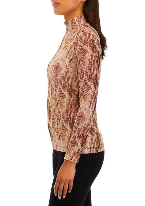 Anne Klein Klein Womens Printed Mesh Long Sleeve Zip Back Mock Neck Top 3