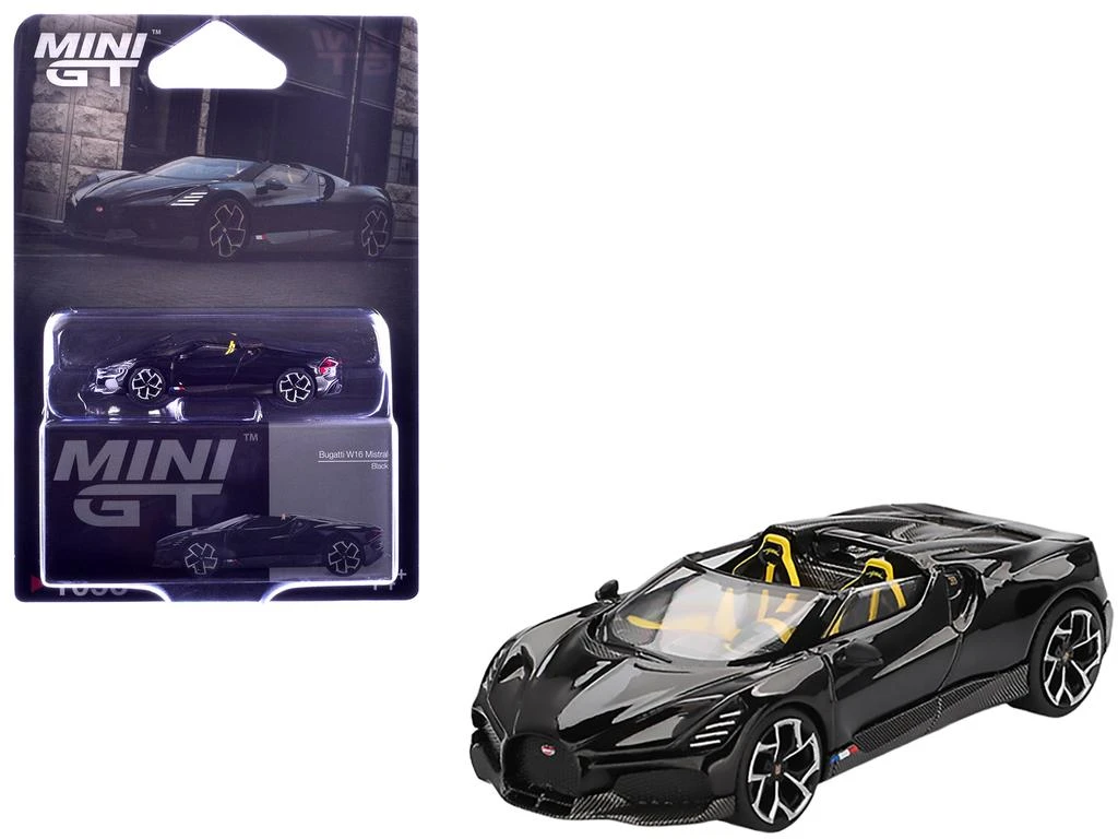 Mini GT Bugatti W16 Mistral Black with Yellow Interior Limited Edition 1/64 Diecast Model Car by