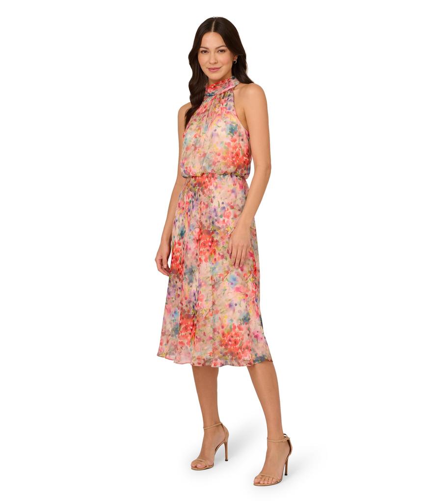 Adrianna Papell Halter Tie Blouson Midi Dress