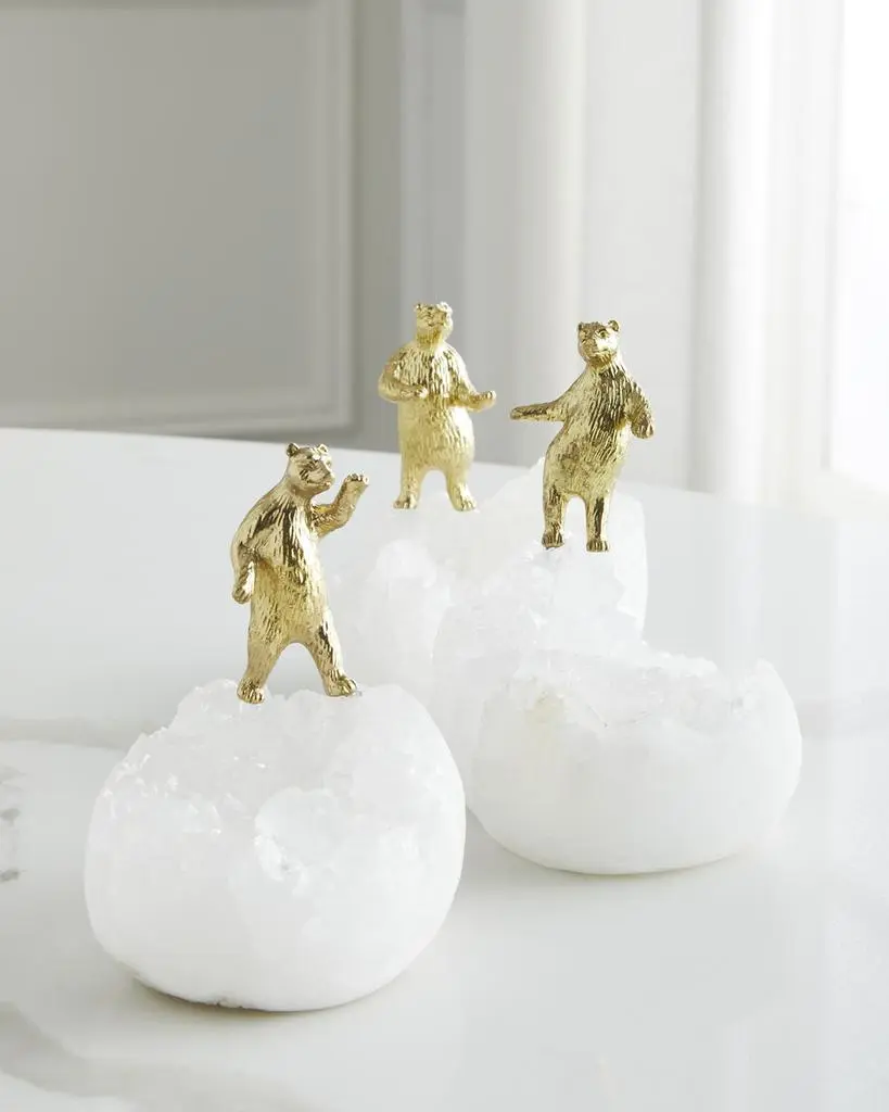 John Richard Brass Bear Figure on Quartz Sculptures, Set of 3