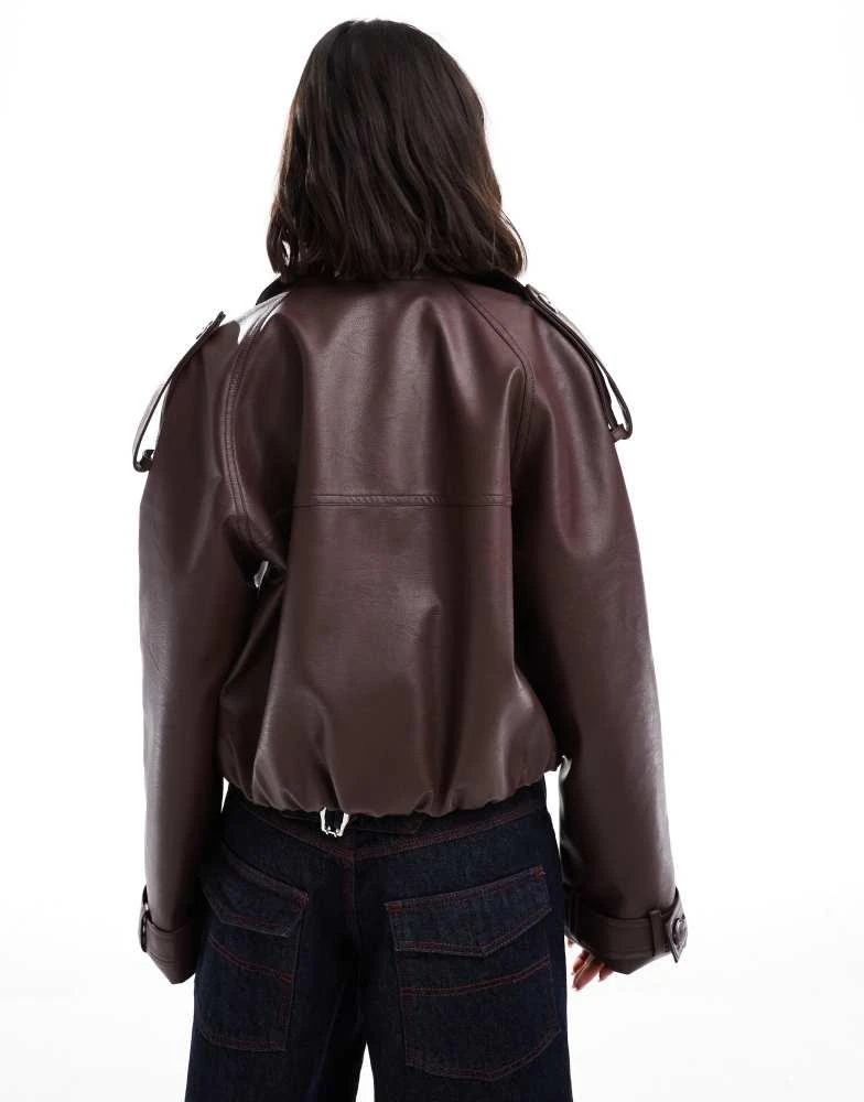 ASOS ASOS DESIGN leather look bomber trench coat in chocolate 4