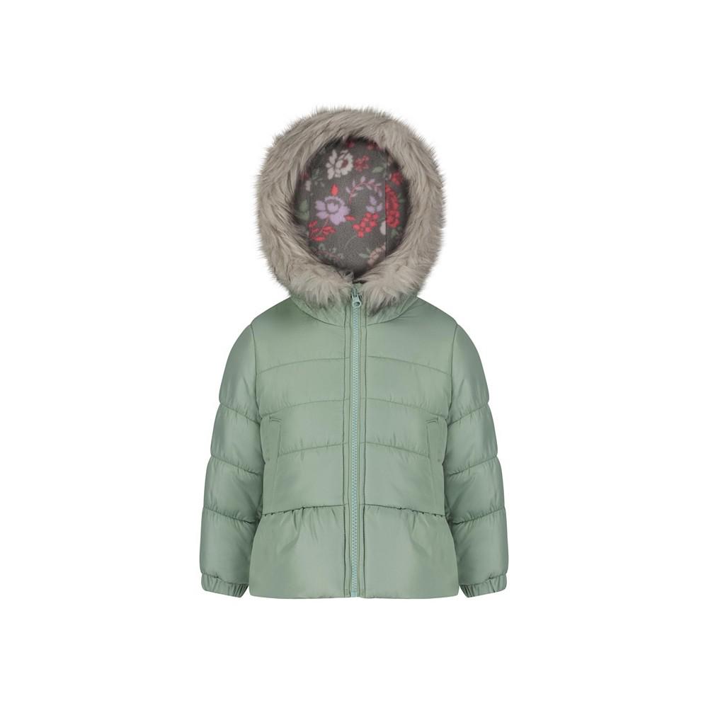 Weathertamer Little Girls Solid with Faux Fur Trim Jacket and Fleece Beanie Set