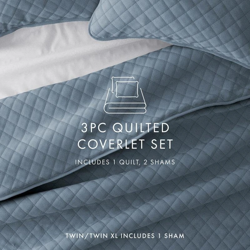 IENJOY HOME Diamond Stitch Dusk Blue Quilt Coverlet Set Modern Ultra Soft Microfiber Bedding 6