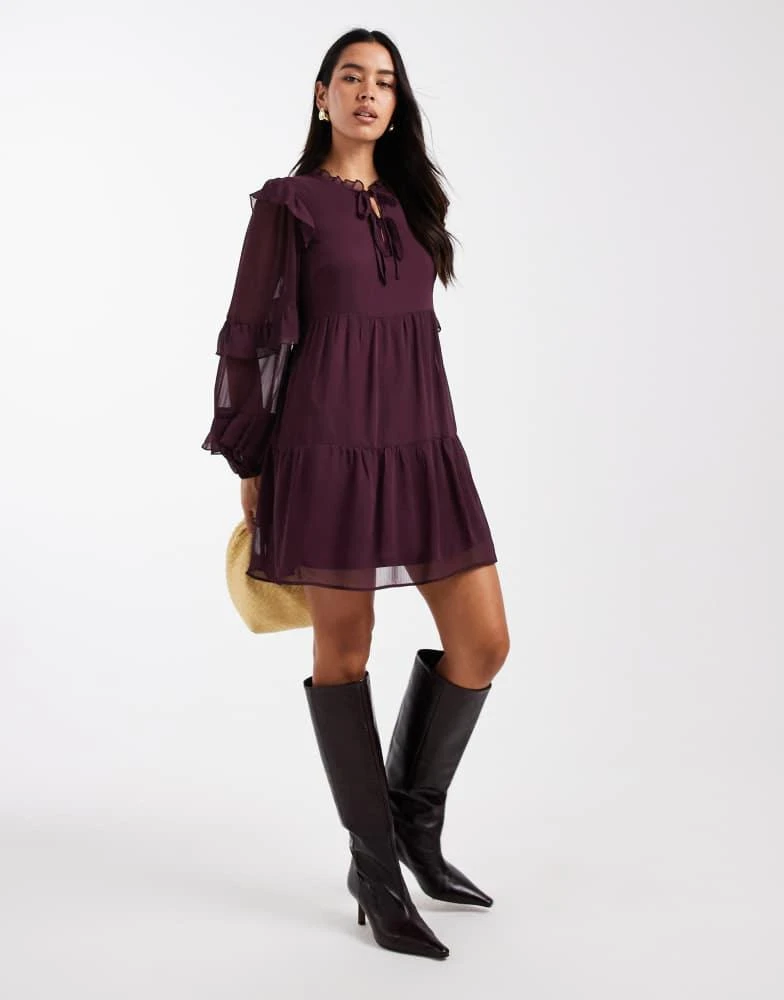 New Look New Look ruffle chiffon long sleeve mini dress in burgundy 2