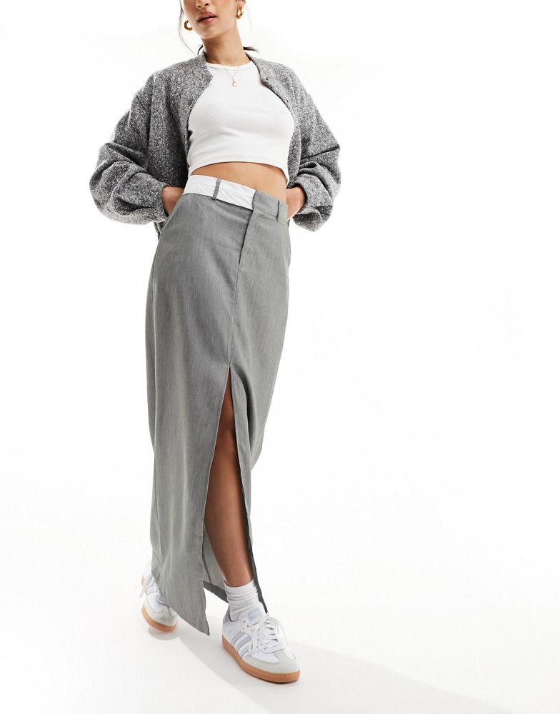 In The Style In The Style tailored contrast waistband split front maxi skirt in grey