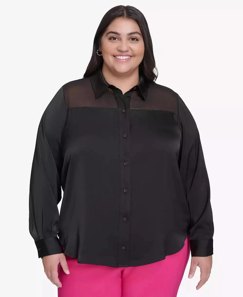 DKNY Plus Size Mixed Media Button Front Blouse 1