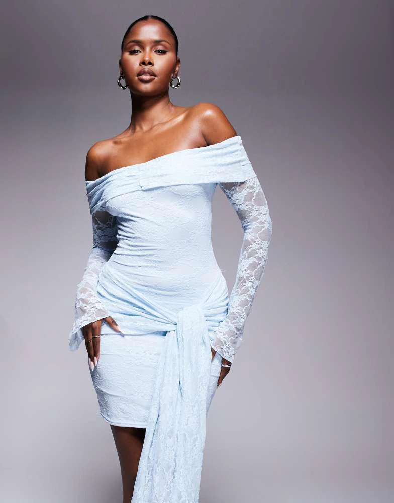 Kaiia exclusive double layered slinky lace bardot tie front drape detail mini dress in baby blue