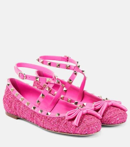 Valentino Rockstud leather-trimmed bouclé ballet flats 1