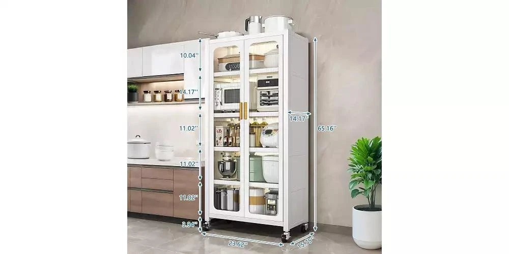 Flynama 65inch Kitchen Pantry Storage Cabinet 6 Tier Metal Display Cabinet with Transparent Door Adjustable Shelves Wheels White 5