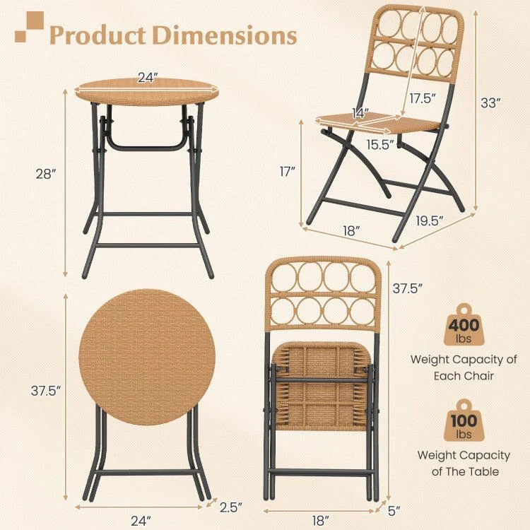 Hivvago 3 Piece Patio Bistro Set Folding Round Table and Chairs with Wicker Seat 6