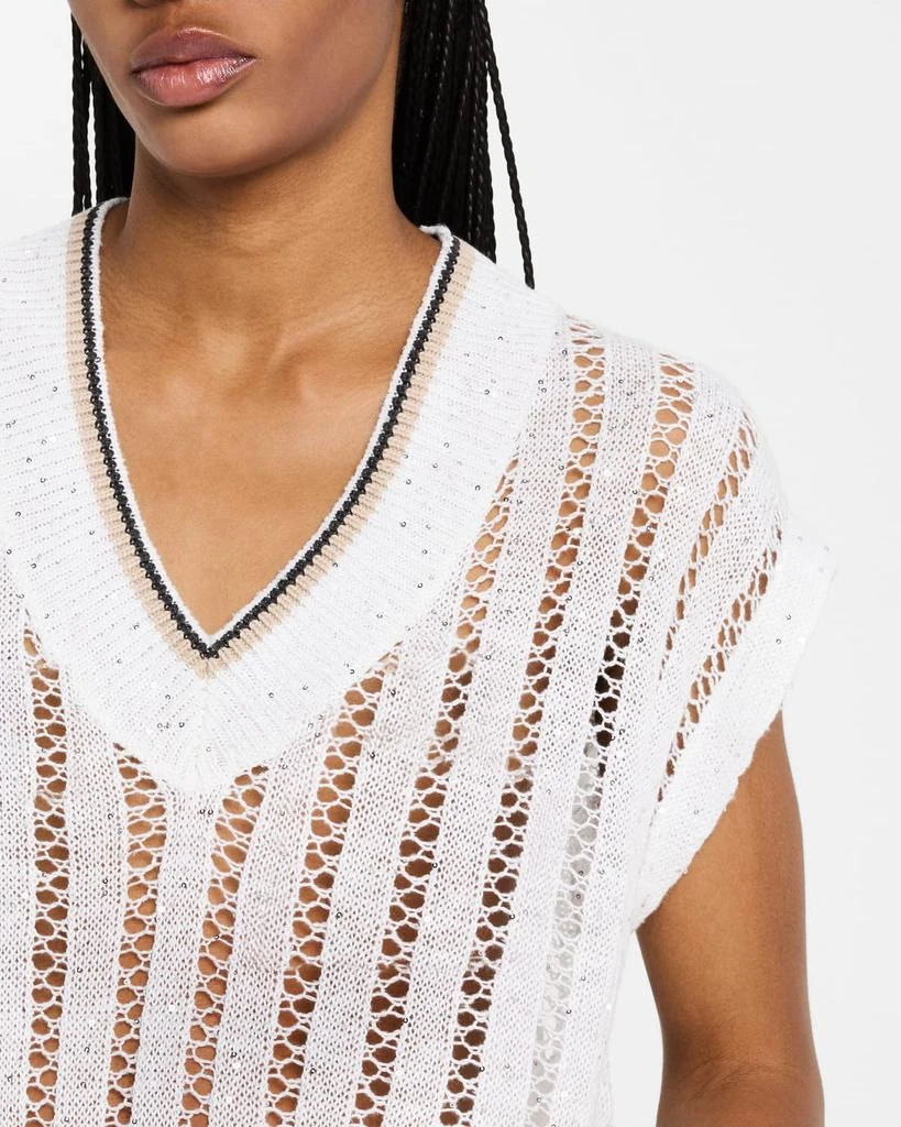 Brunello Cucinelli V-Neck Tipped Linen Paillette Lattice Knit Sweater 5