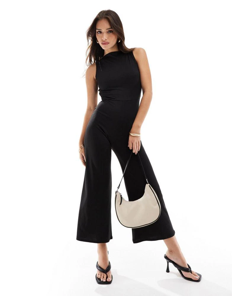 ASOS ASOS DESIGN slash neck culotte jumpsuit with open tie back in black 1