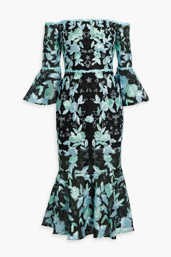 MARCHESA Off-the-shoulder fluted embroidered tulle midi dress 1