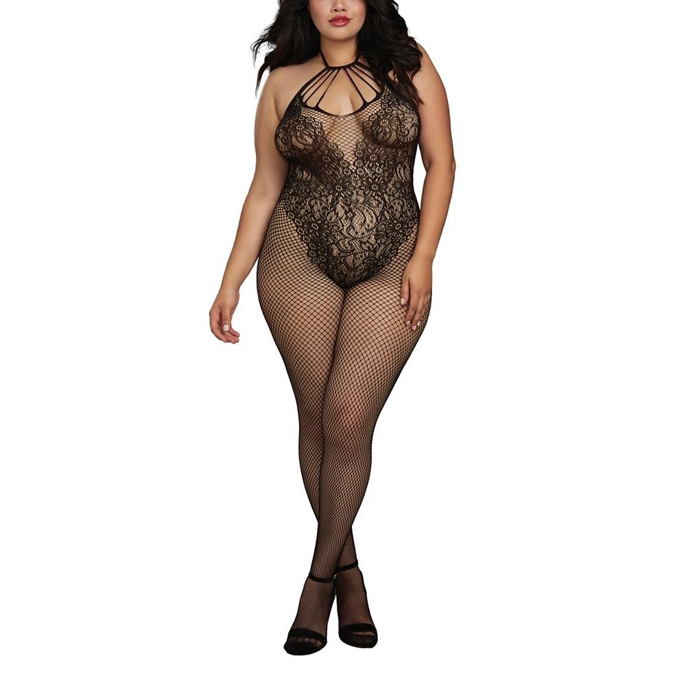 Dreamgirl Women's Plus Size Fishnet Body Stocking Lingerie with Knitted Teddy Design