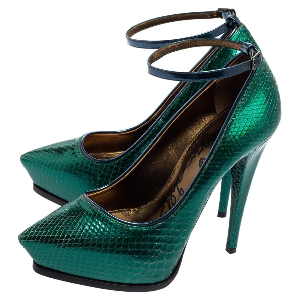 Lanvin Lanvin Green/Blue Snakeskin Leather Pointed-Toe Ankle-Strap Pumps Size 38 4