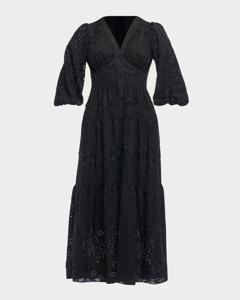 Shoshanna Sicily 3/4-Sleeve Floral Embroidered Midi Dress