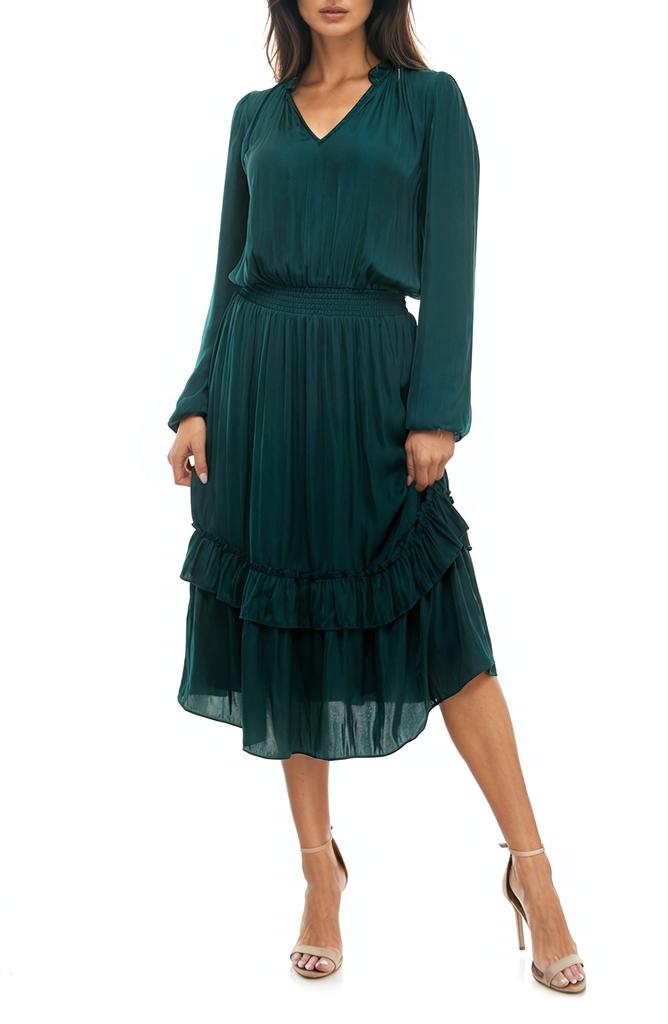 Socialite Tiered Long Sleeve Satin Dress