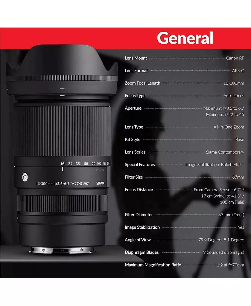 Sigma Beauty 16-300mm f/3.5-6.7 DC OS Contemporary Lens for Canon RF, Black Bundle with Universal Lens Cap Tether, Cleaning Kit, Software Kit for PC, License 3