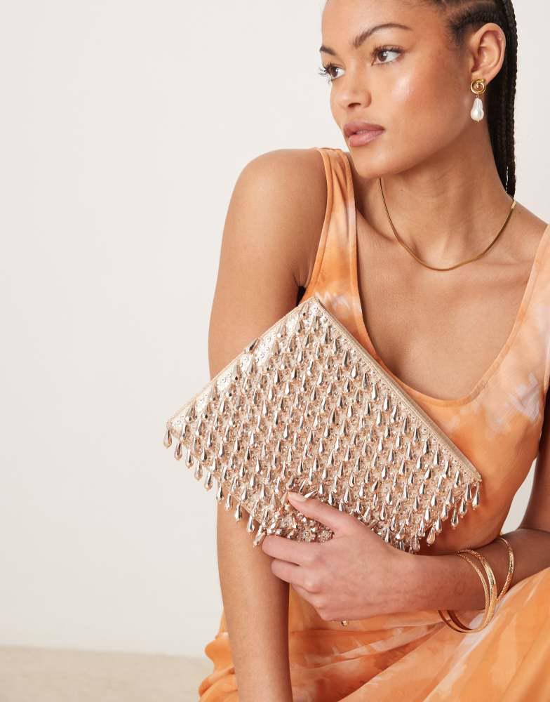 ASOS ASOS DESIGN zip top clutch bag in all over beads in rose gold