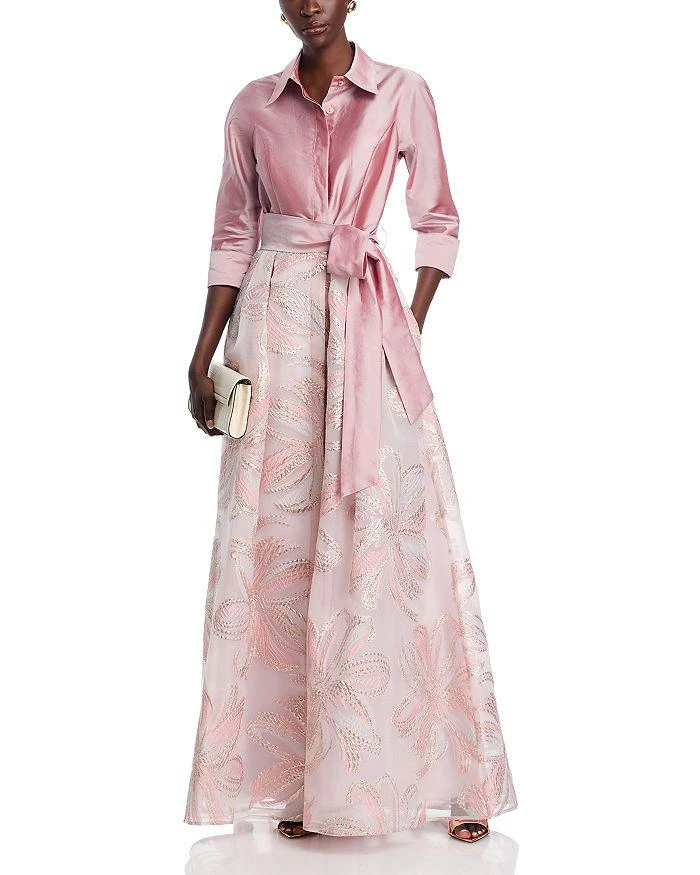 Teri Jon Taffeta Metallic Tie Waist Shirt Dress Gown 3
