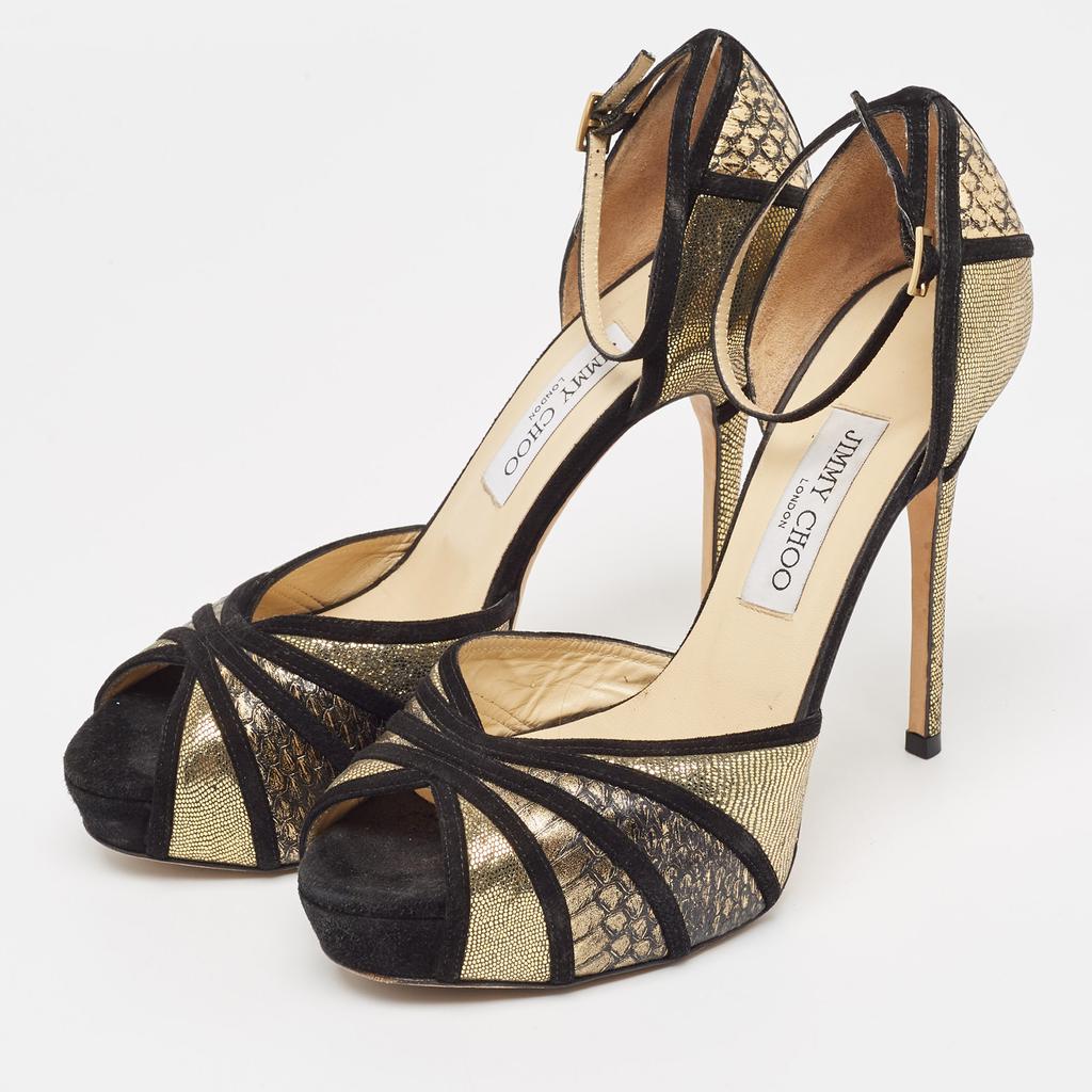 Jimmy Choo Jimmy Choo Black Suede and Gold Python Leather Kalpa Ankle Strap Sandals Size 39.5