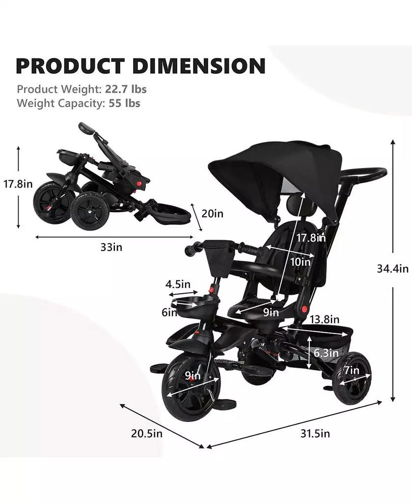 Kinder King Kids Tricycle Stroller, 7 In 1 Folding Toddler Trike w/Adjustable Push Handle 4