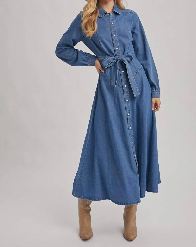 BluIvy Bluivy - Denim Button Down Belted Shirt A-line Maxi Dress