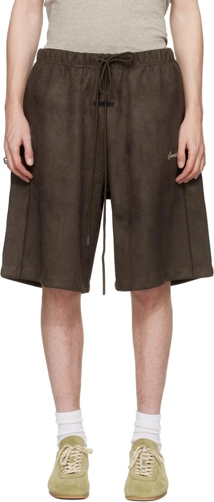 Essentials Brown Signature Relaxed Faux-Suede Shorts