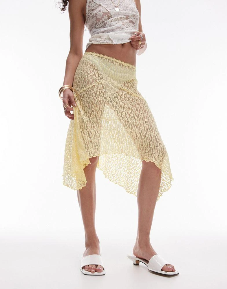Topshop Topshop jersey hanky hem 90s length lace skirt in yellow 1