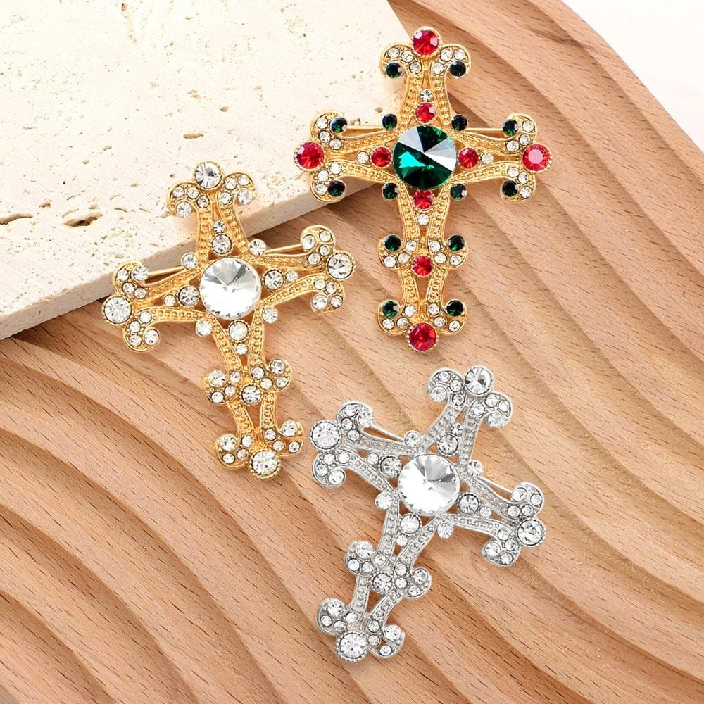 FASHNZFAB Stone Embellished Gothic Cross Pin Brooch 2