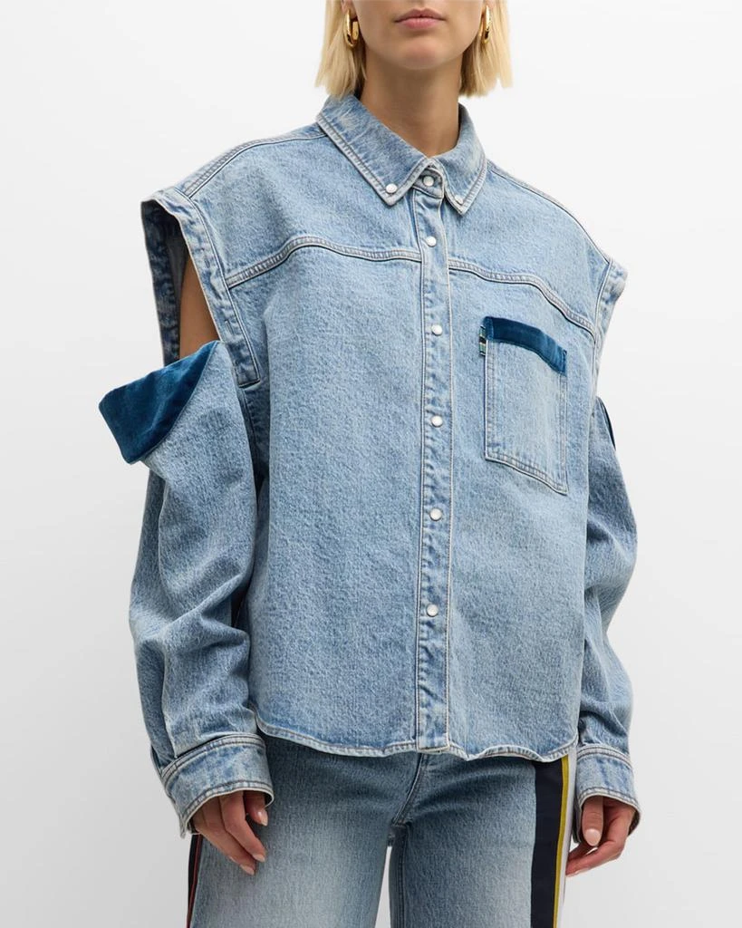 Hellessy Culter Velvet-Trim Cold-Shoulder Oversized Denim Shirt 1