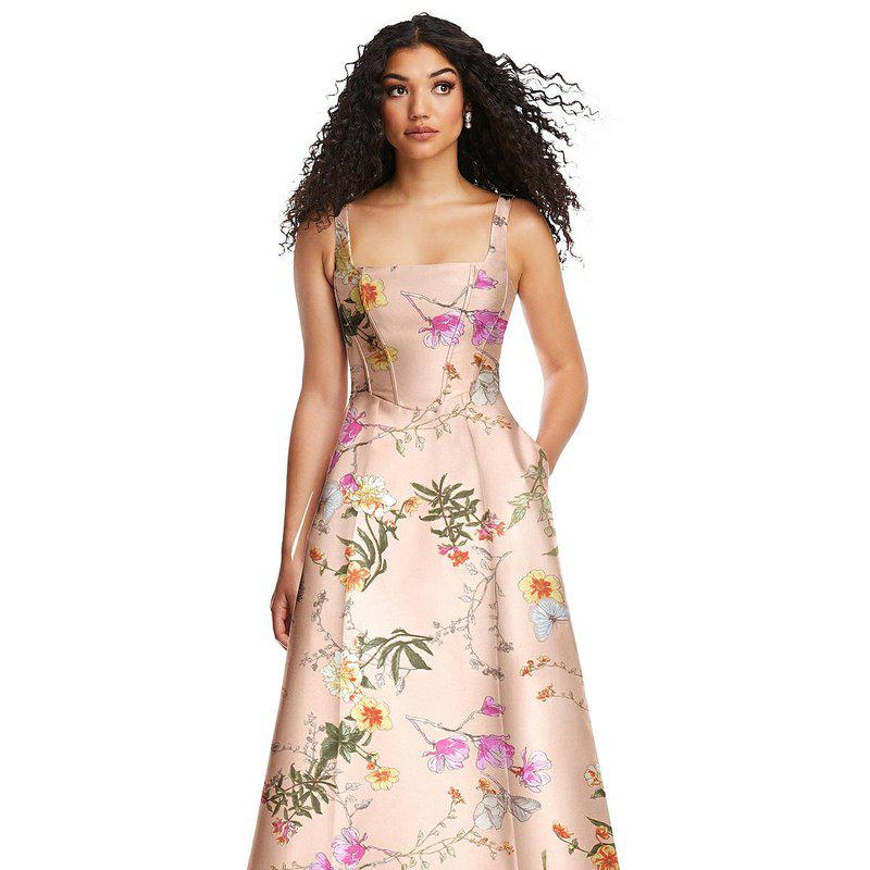 Alfred Sung Boned Corset Closed-Back Floral Satin Gown with Full Skirt D844FP