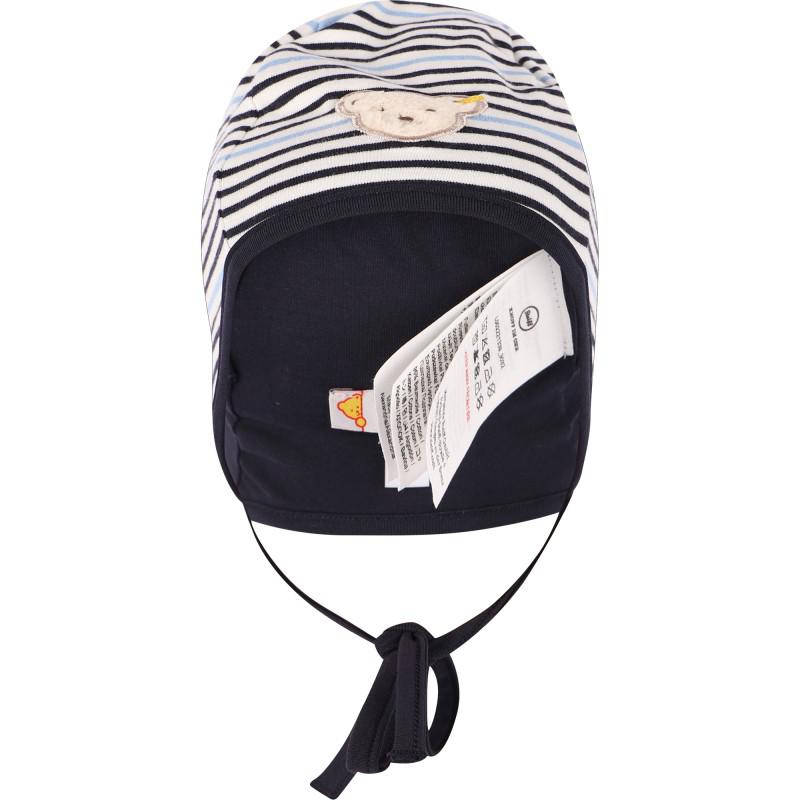 Steiff Logo bear striped baby bonnet in white and blue
