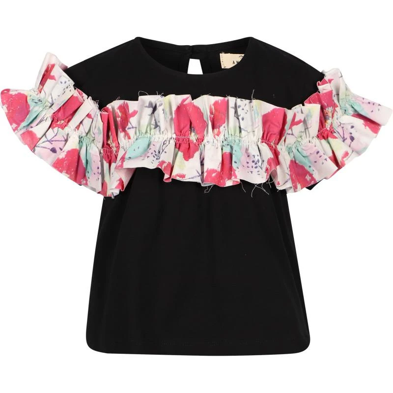 Andorine Poppies ruffle detailing t shirt and shorts set in black white and pink 2