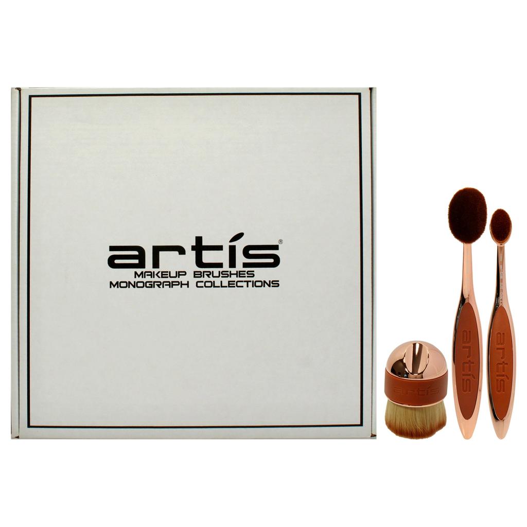 Artis Elite 3 Brush Set - Rose Gold by  for Women - 3 Pc Elite Collection Oval Brush 6 - Rose Gold, Elite Collection Oval Brush 4 - Rose Gold , Palm Brush Mini - Rose Gold, Travel Case Large - Black