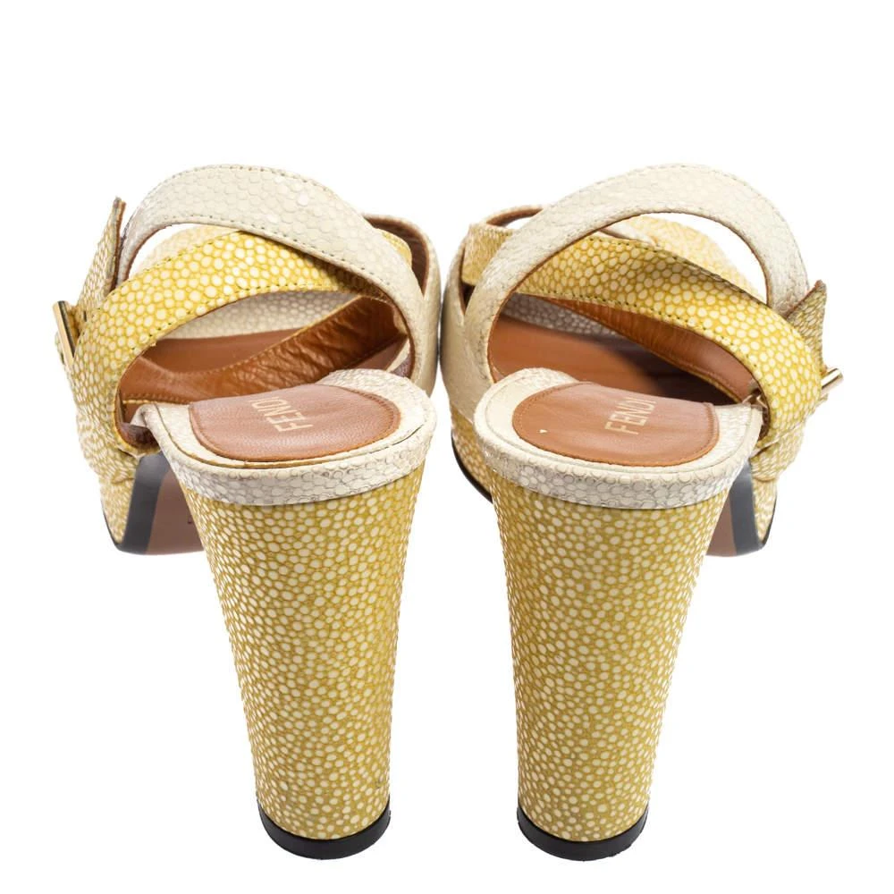 Fendi Fendi White/Yellow Stingray Embossed Leather Ankle Strap Platform Sandals Size 38.5 5
