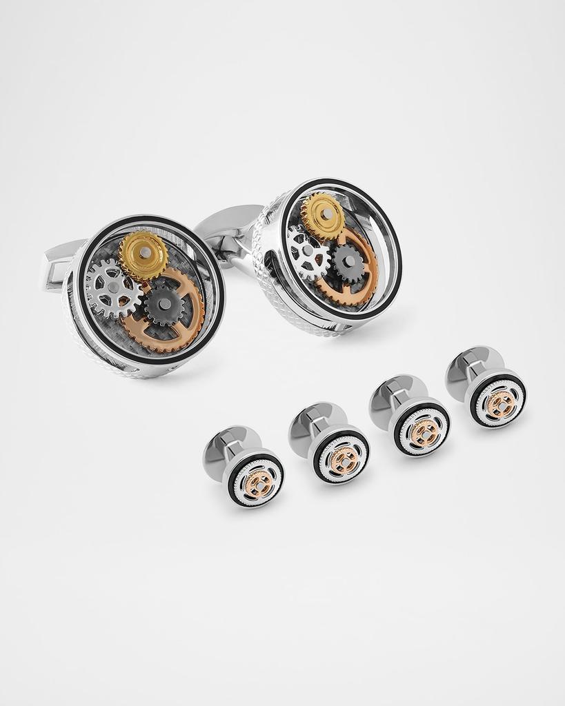 Tateossian Men's Round Carbon Gear Cufflink and Stud Set