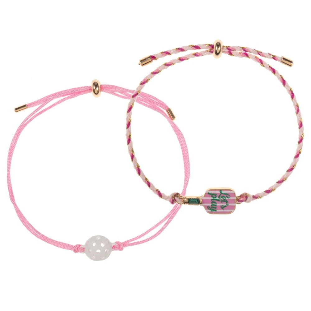 FASHNZFAB 2PCS - LETS PLAY Pickleball Paddle Ball Accent Adjustable Cinch Pull Tie Bracelets 2