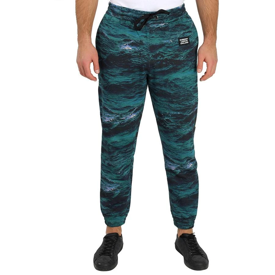 Burberry Men's Deep Teal Tape Detail Sea Print Cotton Trackpants