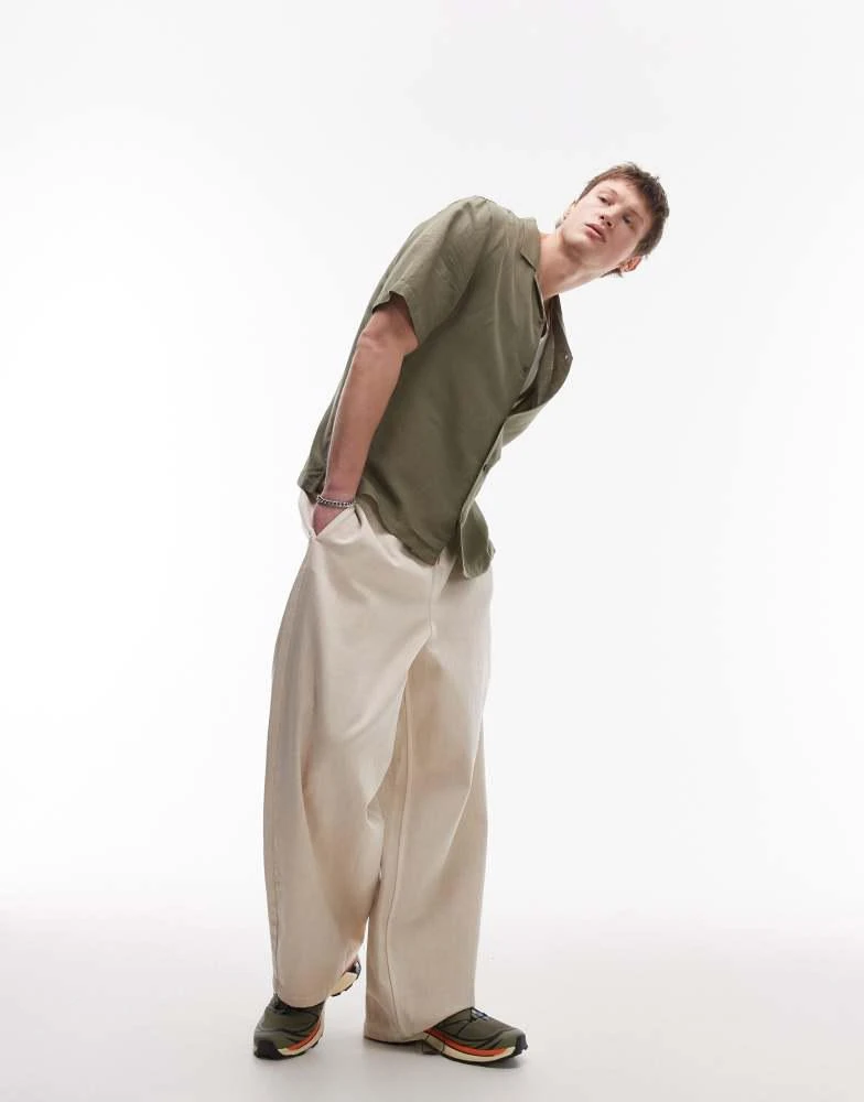 Topman Topman regular fit short sleeve linen blend shirt in khaki 4