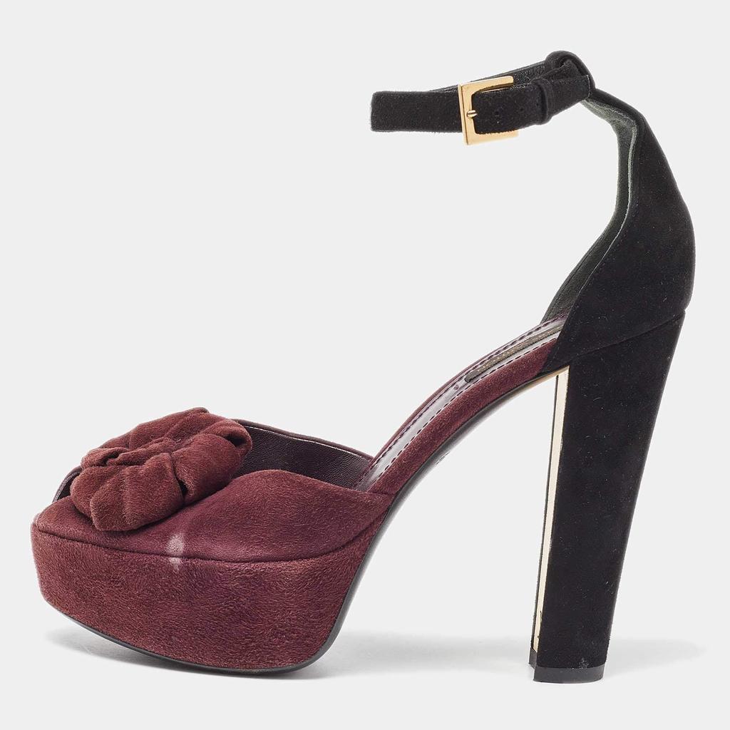 Louis Vuitton Louis Vuitton Burgundy/Black Suede Flower Peep Toe Platform Ankle Strap Sandals Size 37.5